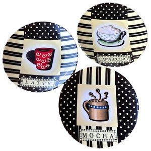 Set of 3 Coffee Decorative Collector Plates Latte Cappuccino Mocha Themes 8"